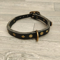 Black Bridle Leather Adjustable Dog Collar Brass Diamonds 18mm X 40-53cm Neck