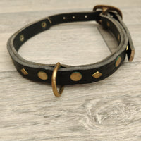 Black Bridle Leather Adjustable Dog Collar Brass Diamonds 18mm X 40-53cm Neck