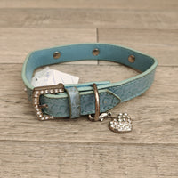 Blue Croc Leather Heart Diamante Adjustable Dog Collar 19mm X 28-34cm Neck