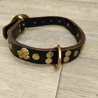 1" Black Leather Dog Collar Brass Rose Decoration 38-50cm Neck