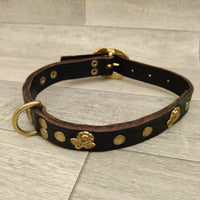 1" Black Leather Dog Collar Brass Rose Decoration 38-50cm Neck