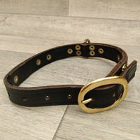 1" Black Leather Dog Collar Brass Rose Decoration 38-50cm Neck