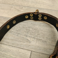 1" Black Leather Dog Collar Brass Rose Decoration 38-50cm Neck