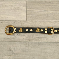 1" Black Leather Dog Collar Brass Rose Decoration 38-50cm Neck