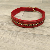 Genuine Red Leather Diamante Hearts Adjustable Dog Collar 22mm X 43-51cm Neck