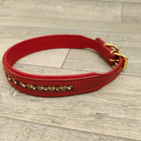 Genuine Red Leather Diamante Hearts Adjustable Dog Collar 22mm X 43-51cm Neck