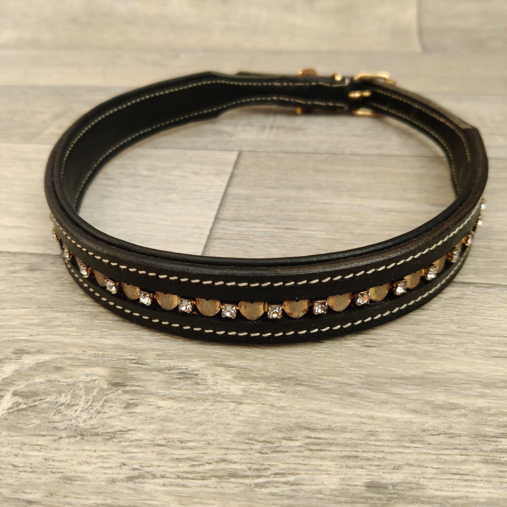 Genuine Black Leather Diamante Hearts Adjustable Dog Collar 25mm X 53-60cm Neck