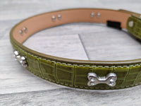 Luxo Green Croc Leather Bone Diamante Dog Collar 2.5cm x 62cm