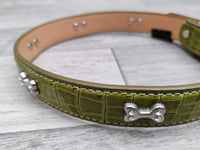 Luxo Green Croc Leather Bone Diamante Dog Collar 2.5cm X 41-50cm
