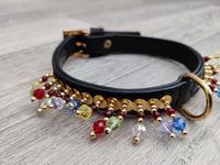 Hi Craft Luxury Designer Rio Jewel Leather Small Dog Collar Black 1cm x 25-32cm