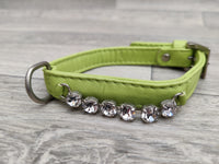 Hi Craft Luxury Designer Diamante Leather Small Dog Collar Lime Green 1cm x 25-32cm