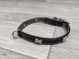 Hem & Boo Leather Black Diamond Bone Small Dog Collar 0.6cm x 30-36cm