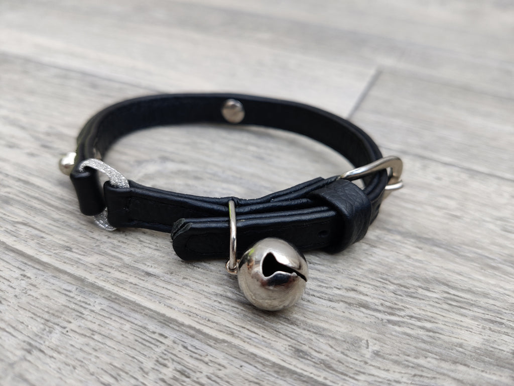 Hi Craft Luxury Black Leather Cat Collar With Bell 22-26cm