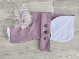 Chelsea Lilac Dog Coat In Faux Suede With Fur Collar 30cm (12") Border Terrier Jack Russell