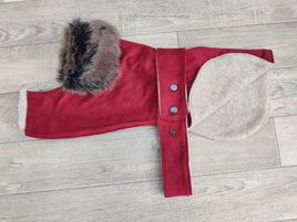 Chelsea Red Dog Coat In Faux Suede With Fur Collar 25cm (10") Yorkie Lhasa Apso