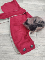 Chelsea Red Dog Coat In Faux Suede With Fur Collar 25cm (10") Yorkie Lhasa Apso